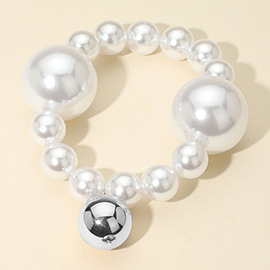 Bold Metal Ball Charm Pearl Beaded Stretch Bracelet
