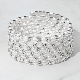 Wide Pearl Rhinestone Lined Adjustable Coil Evening Bracelet