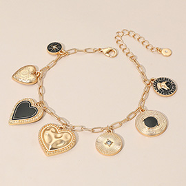 Enamel Heart Coin Medallion Charm Sation Paperclip Chain Bracelet