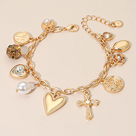 Pearl Heart Cross Floral Medallion Charm Station Paperclip Chain Bracelet