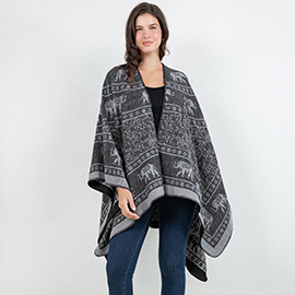 Open Front Elephant Pattern Print Shawl Wrap Poncho with Loop