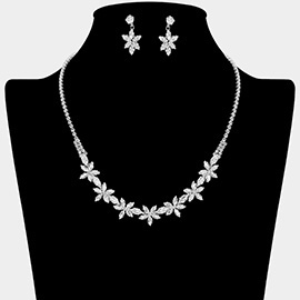 Floral CZ Stone Cluster Link Rhinestone Paved Necklace