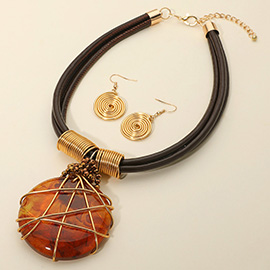 Bold Marbled Resin Round Pendant Accent Faux Leather Triple Layered Statement Necklace