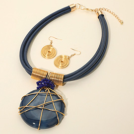 Bold Marbled Resin Round Pendant Accent Faux Leather Triple Layered Statement Necklace