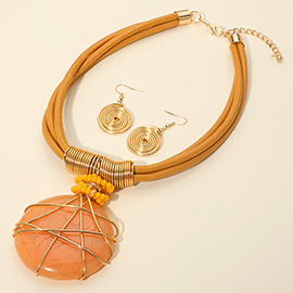 Bold Marbled Resin Round Pendant Accent Faux Leather Triple Layered Statement Necklace