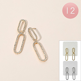 12Pairs - Rhinestone Paved Double Oval Link Drop Earrings