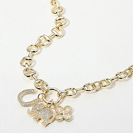 14K Gold Plated CZ Stone Paved Elephant Horseshoe Clover Charm Horsebit Chain Necklace