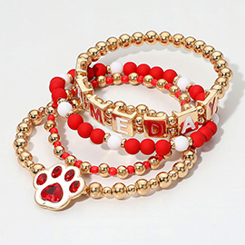 4PCS - GAME DAY Message Paw Charm Beaded Stretch Multi Layered Bracelets