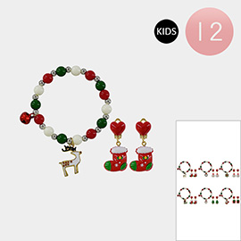 12PCS - Christmas Charm Beaded Stretch Bracelet Earring Sets