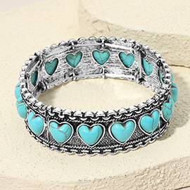 Antique Metal Boho Heart Stone Accent Stretch Bracelet