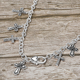 Antique Metal Mutl Cross Charm Station Necklace