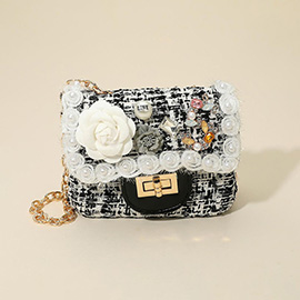 Floral Pearl Stone Cluster Embellished Tweed Mini Handbag / Crossbody Bag