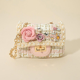Floral Pearl Stone Cluster Embellished Tweed Mini Handbag / Crossbody Bag