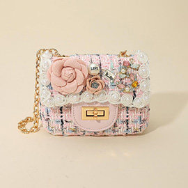 Floral Pearl Stone Cluster Embellished Tweed Mini Handbag / Crossbody Bag
