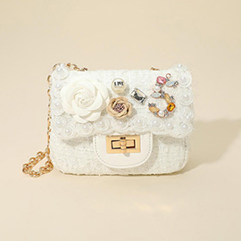 Floral Pearl Stone Cluster Embellished Tweed Mini Handbag / Crossbody Bag