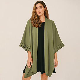 Solid Knit Open Front Ruffled Sleeves Kimono Poncho