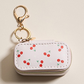 Cherry Pattern Printed Rectangular Travel Jewelry Case Keychain Bag Charm