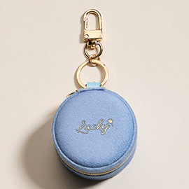 LUCKY Embroidered Round Shaped Travel Jewelry Case Keychain Bag Charm