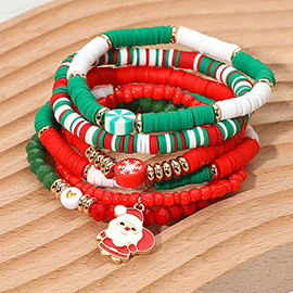 6PCS - Christmas Santa Charm Snowflake Heishi Faceted Beaded Stretch Multi Layered Bracelets