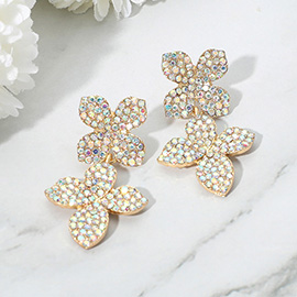 Rhinestone Paved Double Flower Link Drop Evening Earrings