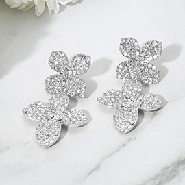 Rhinestone Paved Double Flower Link Drop Evening Earrings