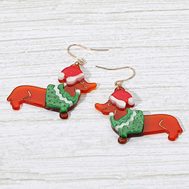 Holiday Sweater Santa Hat Dachshund Dog Dangle Earrings