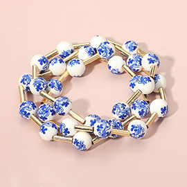 3PCS - Floral Ceramic Ball Beaded Stretch Multi Layered Bracelets