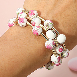 3PCS - Floral Ceramic Ball Beaded Stretch Multi Layered Bracelets