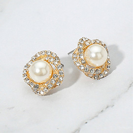 Rhinestone Rim Pearl Stud Earrings