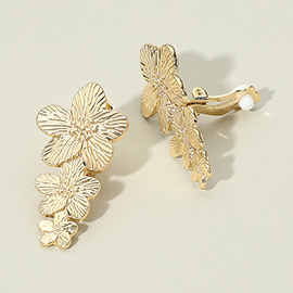 Textured Metal Triple Flower Drop Clip On Earrings