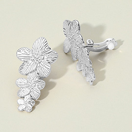 Textured Metal Triple Flower Drop Clip On Earrings