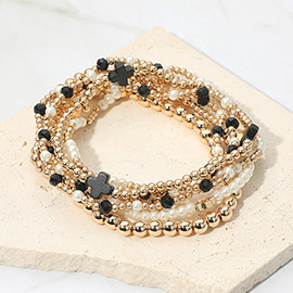7PCS - Cross Pearl Metal Ball Beaded Stretch Multi Layered Bracelets