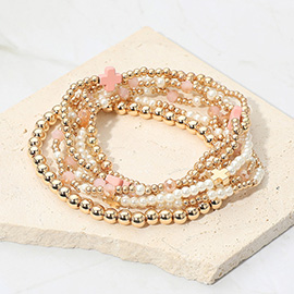 7PCS - Cross Pearl Metal Ball Beaded Stretch Multi Layered Bracelets