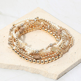 7PCS - Cross Pearl Metal Ball Beaded Stretch Multi Layered Bracelets