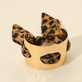 Leopard Print Fabric Scarf Wide Hammered Metal Cuff Bracelet