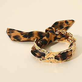 Leopard Print Fabric Scarf Hammered Metal Cuff Bracelet