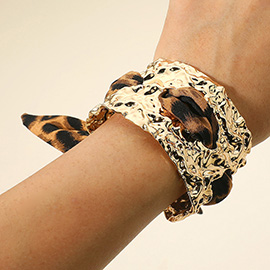 Leopard Print Fabric Scarf Bold Hammered Metal Cuff Bracelet