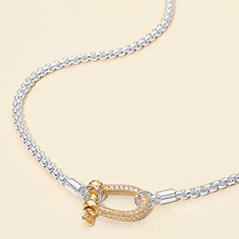 Two Tone Stone Paved Horsebit Carabiner Pendant Link Box Chain Necklace