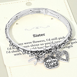 Sister Message Bow Heart Charm Stretch Bracelet