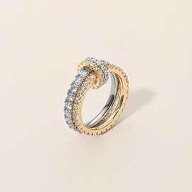 Two Tone Stone Paved Interlocking Double Band Ring