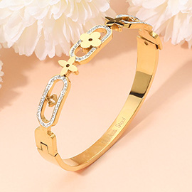 Stainless Steel Geometric Clover Motif CZ Stone Paved Link Hinged Bangle Bracelet