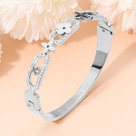 Stainless Steel Geometric Clover Motif CZ Stone Paved Link Hinged Bangle Bracelet