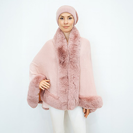 Elegant Faux Fur Trim Cape Poncho