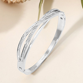 Stainless Steel CZ Stone Paved Crisscross Hinged Bangle Bracelet