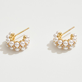 14K Gold Dipped Pearl Cluster Mini Hoop Earrings