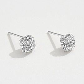 White Gold Dipped CZ Stone Paved Mini Square Stud Earrings