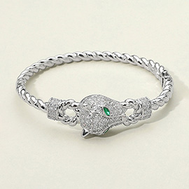 CZ Stone Paved Leopard Panther Head Accent Hinged Bangle Bracelet
