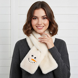 Faux Fur Plush Snowman Embroidered Pull Through Scarf