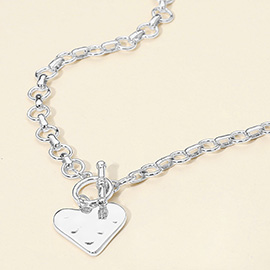 Hammered Metal Heart Pendant Chunky Chain Toggle Necklace