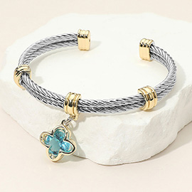 CZ Stone Quatrefoil Charm Dangle Cuff Bracelet